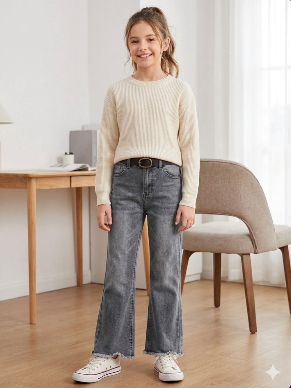 Shein girls' wide-leg or flare jeans with a frayed hem everyday casual 10